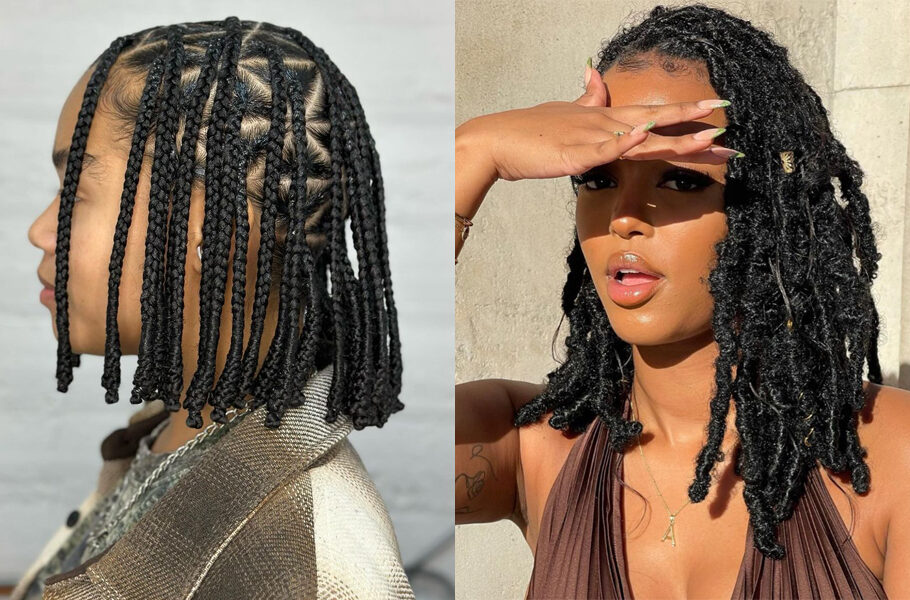 Side by side images of women with braided bob hairstyles