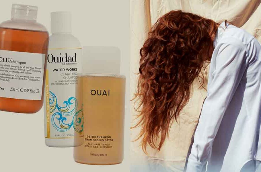 side by side images of shampoo products and woman with curly hair over her head