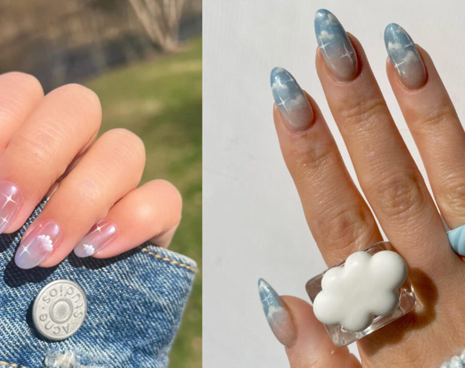 A collage of two images side-by -ide with two women's hands showcasing their cloud nail designs