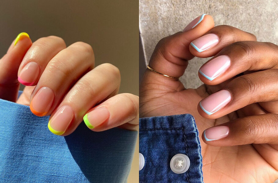 side by side images of french manicure nails with color tips