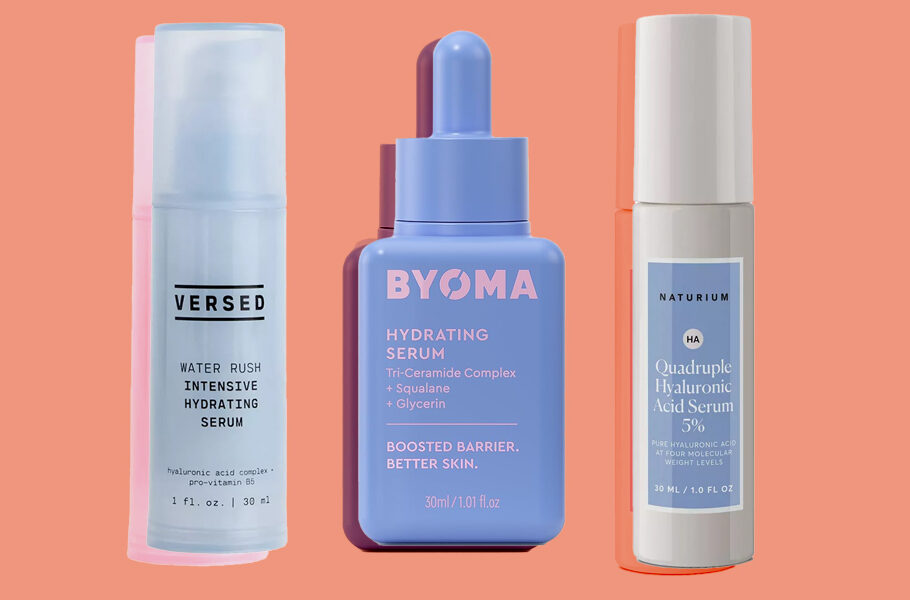 various hydrating serums on an orange background