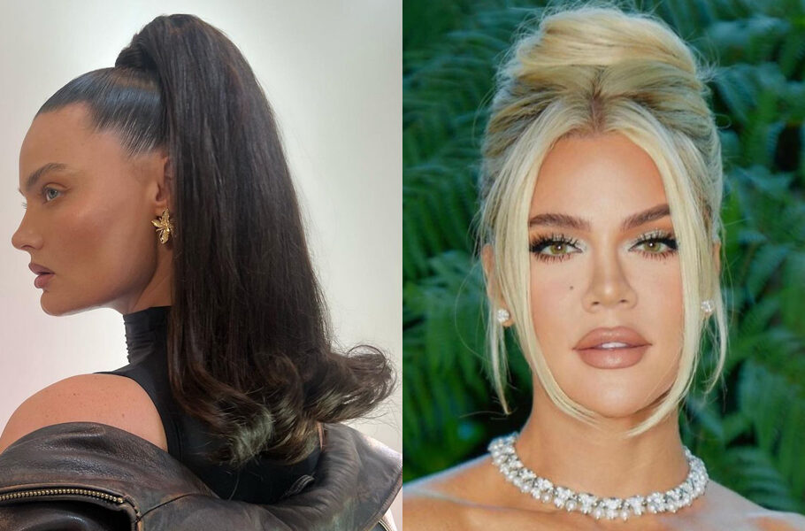 Side by side image of model and Khloe Kardashian with updo hairstyles