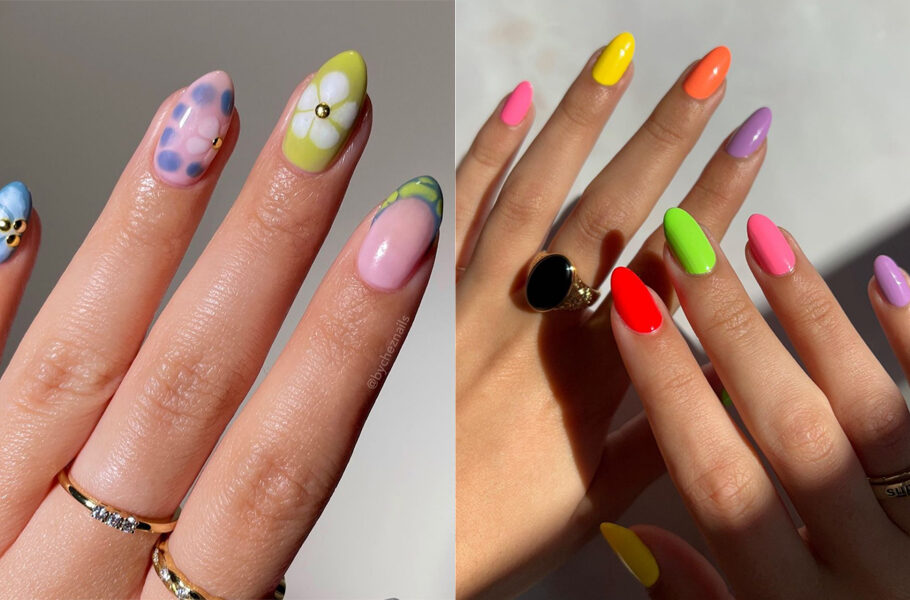 side by side images of manicures with different color nail polishes