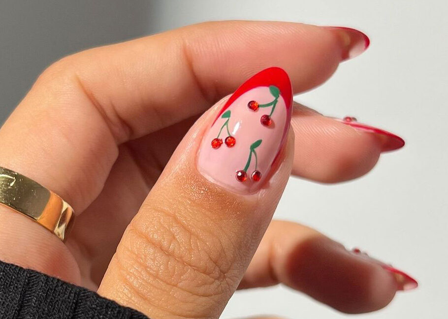 cherry manicure with nail stickers