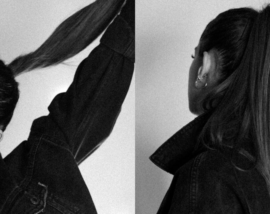 side by side black and white images of woman with ponytail hairstyle