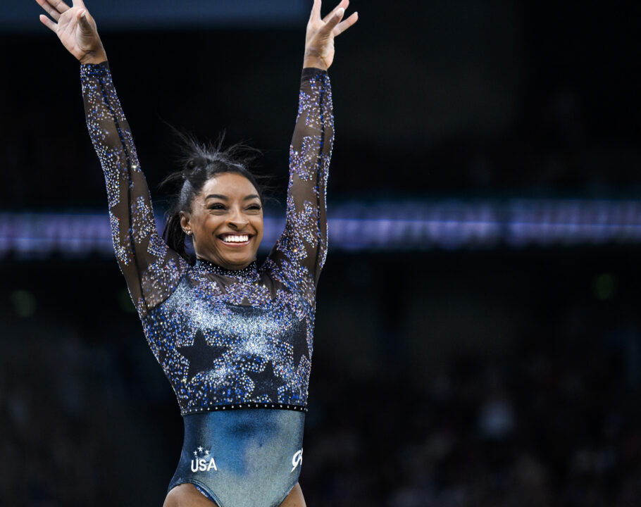 Simone Biles from Team United States reacts after her exercise on the balance beam during day two of the Olympic Games Paris 2024